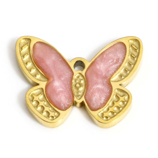 Picture of 1 Piece Vacuum Plating 304 Stainless Steel Charms Gold Plated Pink Butterfly Animal Enamel 15mm x 11.5mm