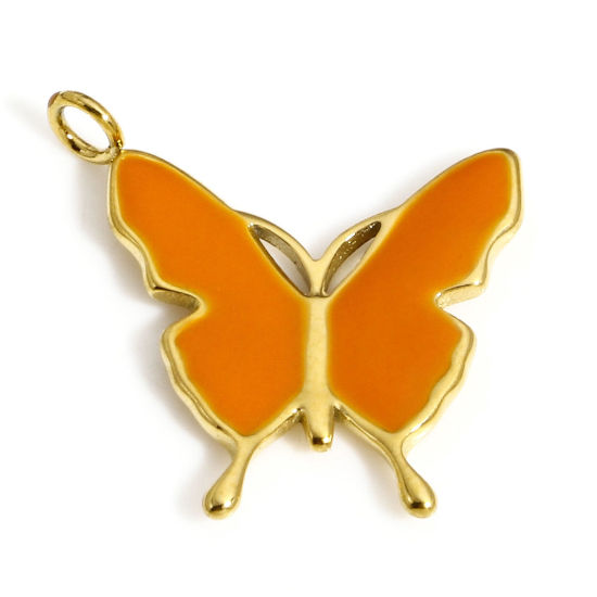 Picture of 1 Piece Vacuum Plating 304 Stainless Steel Charms Gold Plated Orange Butterfly Animal Enamel 19mm x 17mm