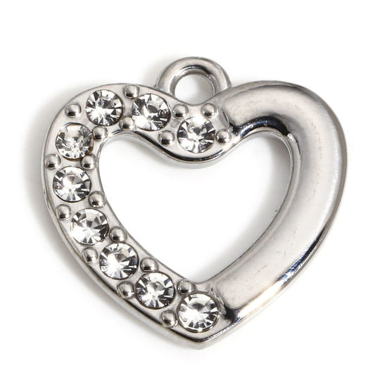 Picture of 1 Piece 304 Stainless Steel Stylish Charms Silver Tone Heart Clear Rhinestone 16mm x 16mm