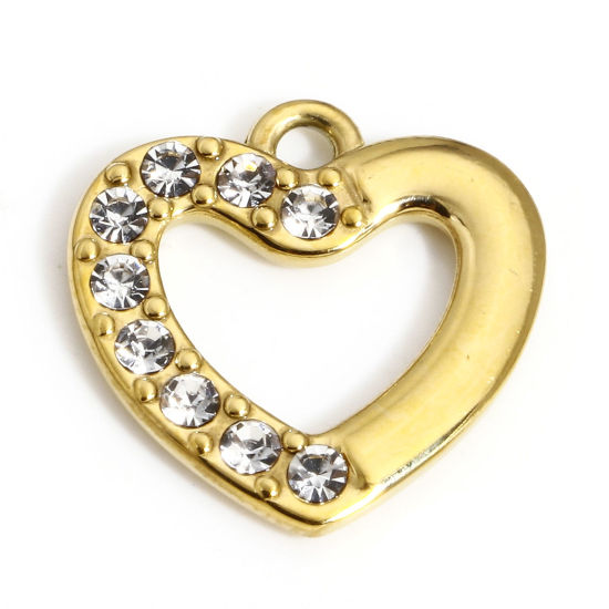 Picture of 1 Piece Vacuum Plating 304 Stainless Steel Stylish Charms Gold Plated Heart Clear Rhinestone 16mm x 16mm