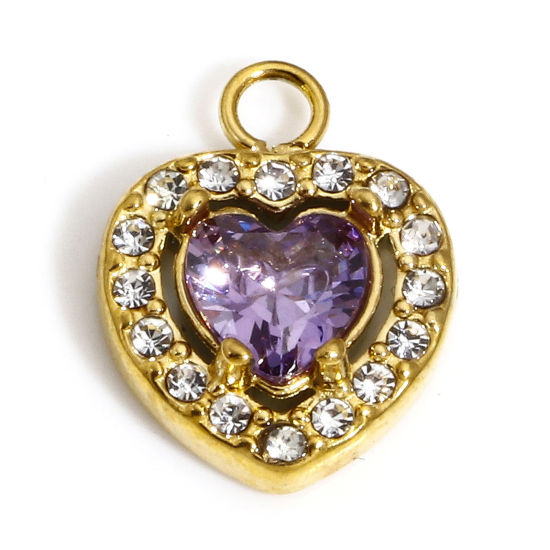 Picture of 1 Piece Vacuum Plating 304 Stainless Steel Stylish Charms Gold Plated Heart Purple & Transparent Rhinestone 13mm x 10mm