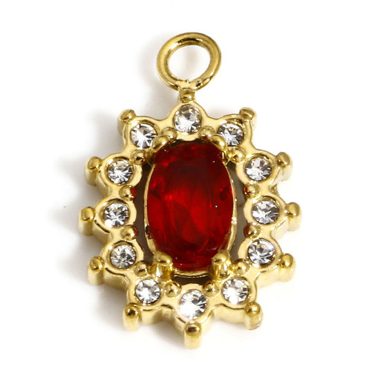 Picture of 1 Piece Vacuum Plating 304 Stainless Steel Stylish Charms Gold Plated Oval Clear & Red Rhinestone 15.5mm x 10.5mm