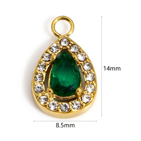 Picture of 1 Piece Vacuum Plating 304 Stainless Steel Stylish Charms Gold Plated Drop Clear & Green Rhinestone 14mm x 8.5mm