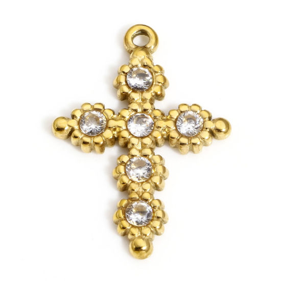 Picture of 1 Piece Vacuum Plating 304 Stainless Steel Religious Charms Gold Plated Cross Clear Rhinestone 22mm x 15.5mm