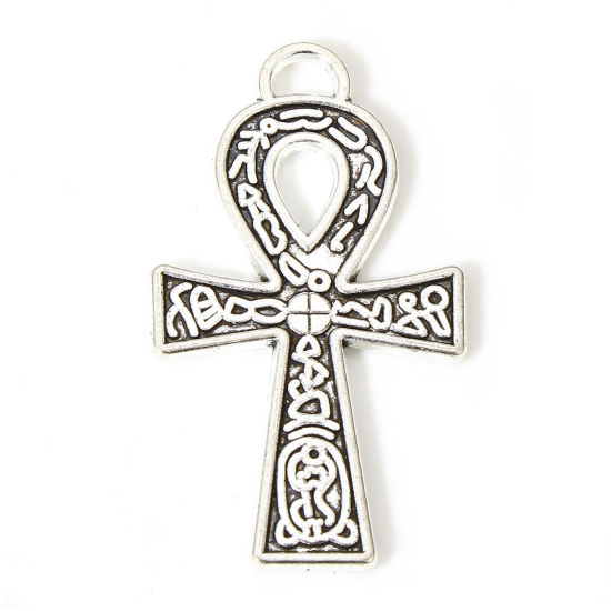 Picture of 20 PCs Zinc Based Alloy Religious Pendants Antique Silver Color Ankh Egyptian Cross Carved Pattern Double Sided 3.7cm x 2.1cm