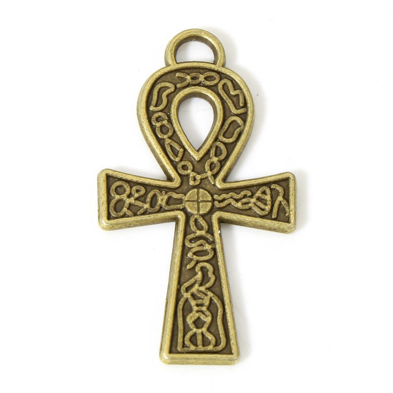 Picture of 20 PCs Zinc Based Alloy Religious Pendants Antique Bronze Ankh Egyptian Cross Carved Pattern Double Sided 3.7cm x 2.1cm