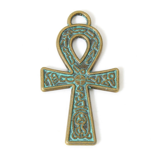 Picture of 20 PCs Zinc Based Alloy Religious Pendants Antique Bronze Green Ankh Egyptian Cross Carved Pattern Patina 3.7cm x 2.1cm