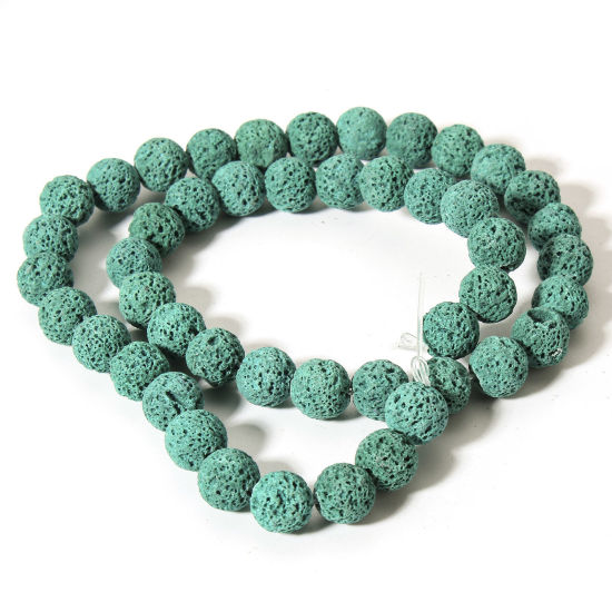 Picture of 1 Strand (Approx 50 PCs/Strand) (Grade A) Lava Rock ( Natural Dyed ) Beads For DIY Charm Jewelry Making Round Peacock Green About 8mm Dia., Hole: Approx 0.8mm, 38.5cm(15 1/8") long