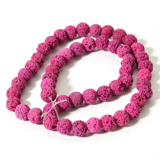 Picture of 1 Strand (Approx 50 PCs/Strand) (Grade A) Lava Rock ( Natural Dyed ) Beads For DIY Charm Jewelry Making Round Fuchsia About 8mm Dia., Hole: Approx 0.8mm, 38.5cm(15 1/8") long