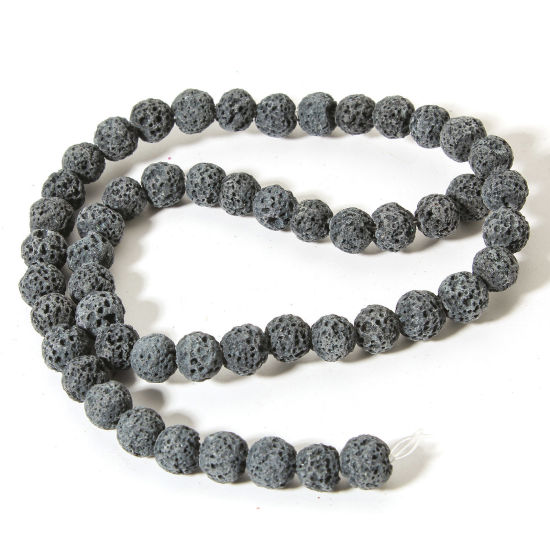 Picture of 1 Strand (Approx 50 PCs/Strand) (Grade A) Lava Rock ( Natural Dyed ) Beads For DIY Charm Jewelry Making Round Dark Gray About 8mm Dia., Hole: Approx 0.8mm, 38.5cm(15 1/8") long