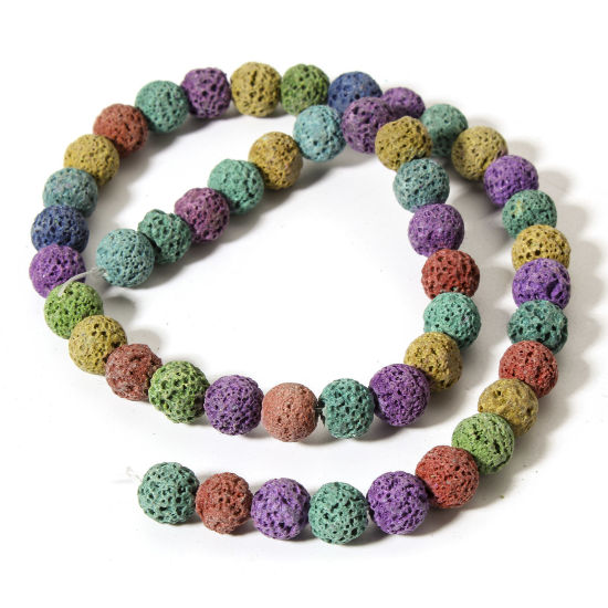Picture of 1 Strand (Approx 50 PCs/Strand) (Grade A) Lava Rock ( Natural Dyed ) Beads For DIY Charm Jewelry Making Round Multicolor About 8mm Dia., Hole: Approx 0.8mm, 38.5cm(15 1/8") long