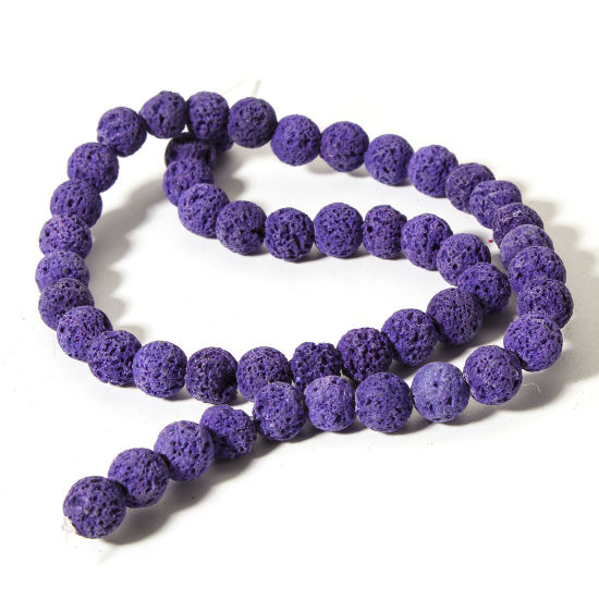 Picture of 1 Strand (Approx 50 PCs/Strand) (Grade A) Lava Rock ( Natural Dyed ) Beads For DIY Charm Jewelry Making Round Purple About 8mm Dia., Hole: Approx 0.8mm, 38.5cm(15 1/8") long