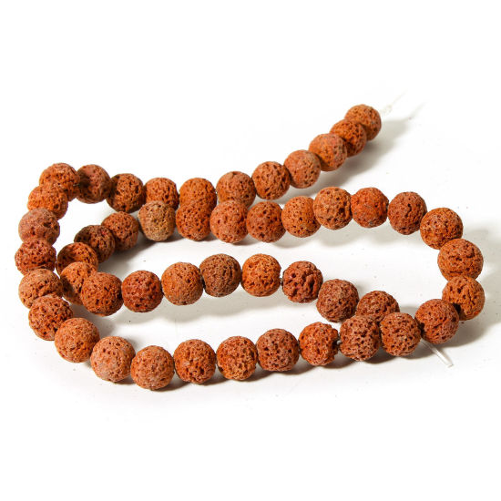 Picture of 1 Strand (Approx 50 PCs/Strand) (Grade A) Lava Rock ( Natural Dyed ) Beads For DIY Jewelry Making Round Orange-red About 8mm Dia., Hole: Approx 0.8mm, 38.5cm(15 1/8") long