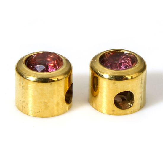 Picture of 2 PCs Eco-friendly Vacuum Plating 304 Stainless Steel Beads For DIY Charm Jewelry Making Flat Round 18K Gold Color Fuchsia Rhinestone 5mm Dia., Hole: Approx 1.5mm