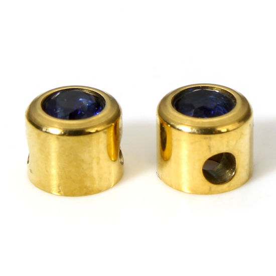 Picture of 2 PCs Eco-friendly Vacuum Plating 304 Stainless Steel Beads For DIY Charm Jewelry Making Flat Round 18K Gold Color Dark Blue Rhinestone 5mm Dia., Hole: Approx 1.5mm