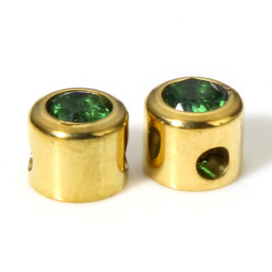 Picture of 2 PCs Eco-friendly Vacuum Plating 304 Stainless Steel Beads For DIY Charm Jewelry Making Flat Round 18K Gold Color Emerald Rhinestone 5mm Dia., Hole: Approx 1.5mm