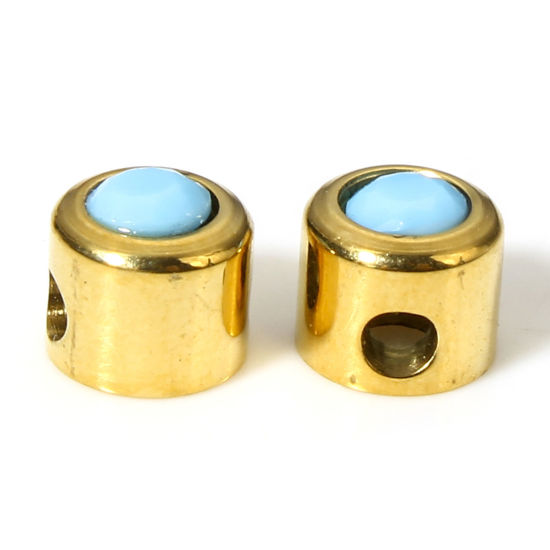 Picture of 2 PCs Eco-friendly Vacuum Plating 304 Stainless Steel Beads For DIY Charm Jewelry Making Flat Round 18K Gold Color Skyblue Rhinestone 5mm Dia., Hole: Approx 1.5mm