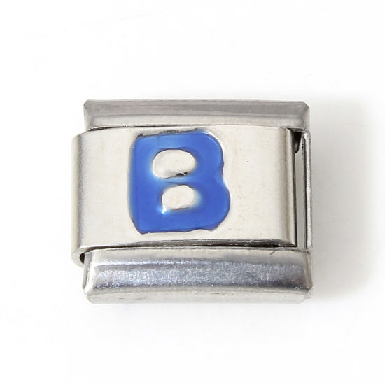 Picture of 1 Piece 304 Stainless Steel Italian Charm Links For DIY Bracelet Jewelry Making Silver Tone Blue Rectangle Initial Alphabet/ Capital Letter Message " B " Enamel 10mm x 9mm