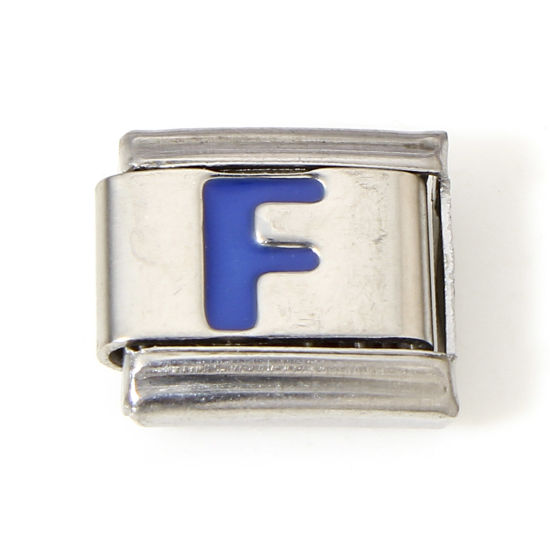 Picture of 1 Piece 304 Stainless Steel Italian Charm Links For DIY Bracelet Jewelry Making Silver Tone Blue Rectangle Initial Alphabet/ Capital Letter Message " F " Enamel 10mm x 9mm