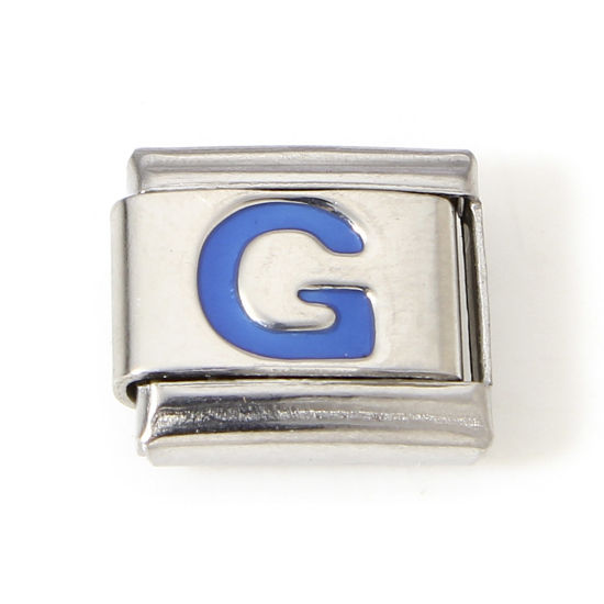 Picture of 1 Piece 304 Stainless Steel Italian Charm Links For DIY Bracelet Jewelry Making Silver Tone Blue Rectangle Initial Alphabet/ Capital Letter Message " G " Enamel 10mm x 9mm