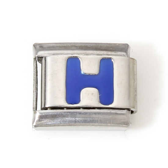 Picture of 1 Piece 304 Stainless Steel Italian Charm Links For DIY Bracelet Jewelry Making Silver Tone Blue Rectangle Initial Alphabet/ Capital Letter Message " H " Enamel 10mm x 9mm