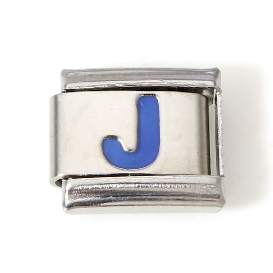 Picture of 1 Piece 304 Stainless Steel Italian Charm Links For DIY Bracelet Jewelry Making Silver Tone Blue Rectangle Initial Alphabet/ Capital Letter Message " J " Enamel 10mm x 9mm