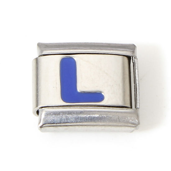 Picture of 1 Piece 304 Stainless Steel Italian Charm Links For DIY Bracelet Jewelry Making Silver Tone Blue Rectangle Initial Alphabet/ Capital Letter Message " L " Enamel 10mm x 9mm