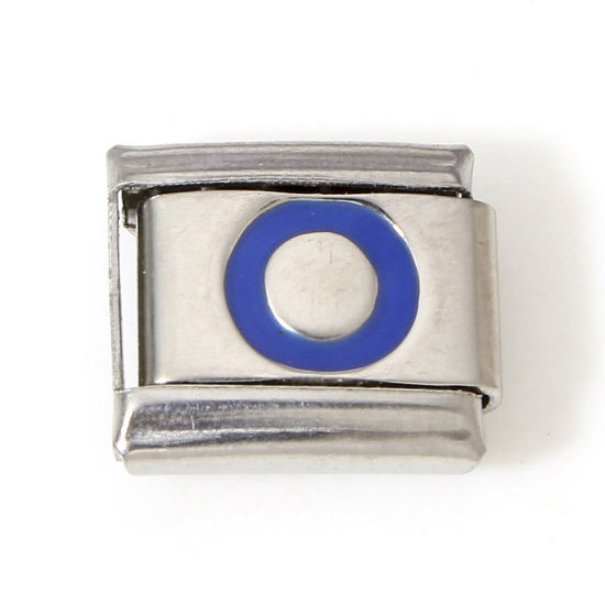 Picture of 1 Piece 304 Stainless Steel Italian Charm Links For DIY Bracelet Jewelry Making Silver Tone Blue Rectangle Initial Alphabet/ Capital Letter Message " O " Enamel 10mm x 9mm