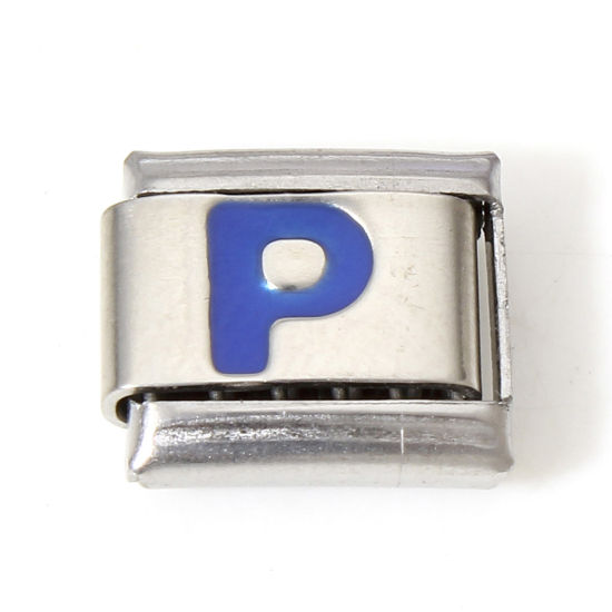 Picture of 1 Piece 304 Stainless Steel Italian Charm Links For DIY Bracelet Jewelry Making Silver Tone Blue Rectangle Initial Alphabet/ Capital Letter Message " P " Enamel 10mm x 9mm