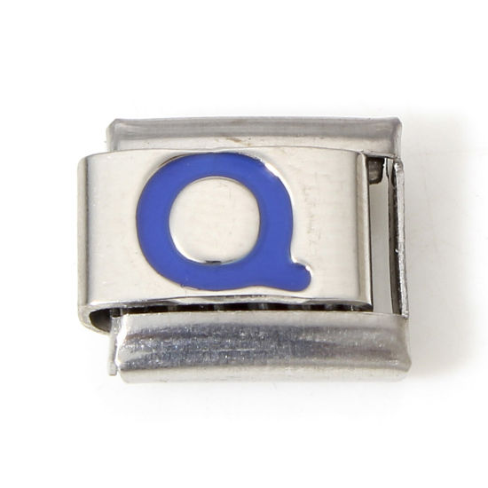 Picture of 1 Piece 304 Stainless Steel Italian Charm Links For DIY Bracelet Jewelry Making Silver Tone Blue Rectangle Initial Alphabet/ Capital Letter Message " Q " Enamel 10mm x 9mm