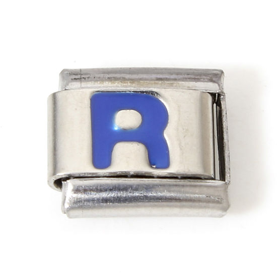 Picture of 1 Piece 304 Stainless Steel Italian Charm Links For DIY Bracelet Jewelry Making Silver Tone Blue Rectangle Initial Alphabet/ Capital Letter Message " R " Enamel 10mm x 9mm