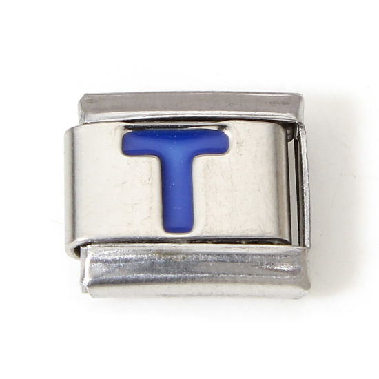 Picture of 1 Piece 304 Stainless Steel Italian Charm Links For DIY Bracelet Jewelry Making Silver Tone Blue Rectangle Initial Alphabet/ Capital Letter Message " T " Enamel 10mm x 9mm