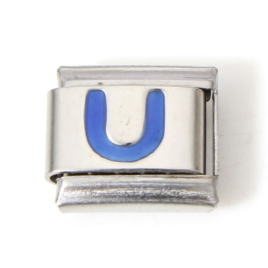 Picture of 1 Piece 304 Stainless Steel Italian Charm Links For DIY Bracelet Jewelry Making Silver Tone Blue Rectangle Initial Alphabet/ Capital Letter Message " U " Enamel 10mm x 9mm