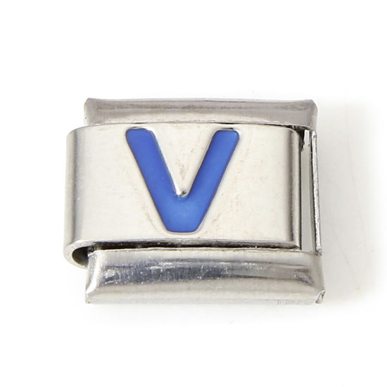 Picture of 1 Piece 304 Stainless Steel Italian Charm Links For DIY Bracelet Jewelry Making Silver Tone Blue Rectangle Initial Alphabet/ Capital Letter Message " V " Enamel 10mm x 9mm