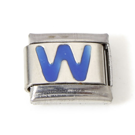 Picture of 1 Piece 304 Stainless Steel Italian Charm Links For DIY Bracelet Jewelry Making Silver Tone Blue Rectangle Initial Alphabet/ Capital Letter Message " W " Enamel 10mm x 9mm