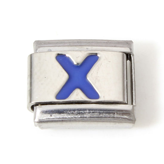 Picture of 1 Piece 304 Stainless Steel Italian Charm Links For DIY Bracelet Jewelry Making Silver Tone Blue Rectangle Initial Alphabet/ Capital Letter Message " X " Enamel 10mm x 9mm