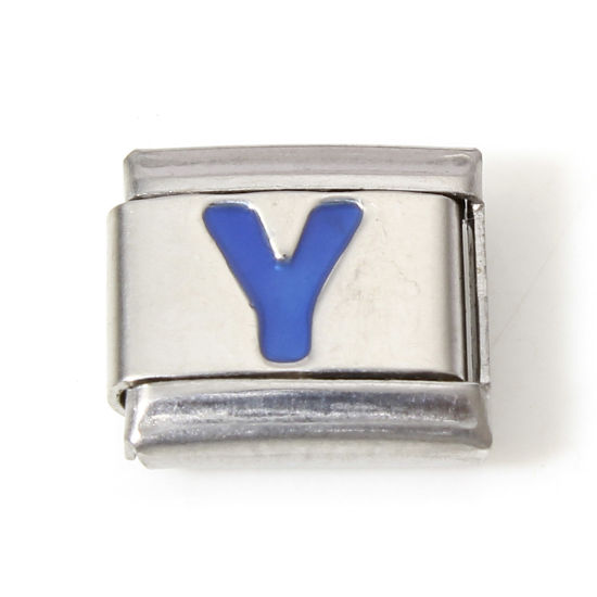 Picture of 1 Piece 304 Stainless Steel Italian Charm Links For DIY Bracelet Jewelry Making Silver Tone Blue Rectangle Initial Alphabet/ Capital Letter Message " Y " Enamel 10mm x 9mm