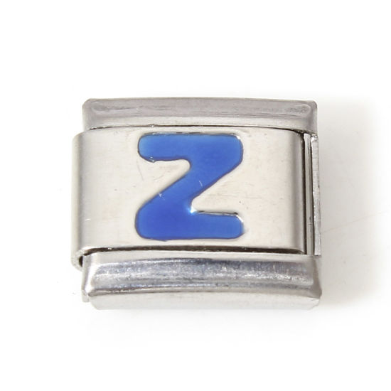 Picture of 1 Piece 304 Stainless Steel Italian Charm Links For DIY Bracelet Jewelry Making Silver Tone Blue Rectangle Initial Alphabet/ Capital Letter Message " Z " Enamel 10mm x 9mm