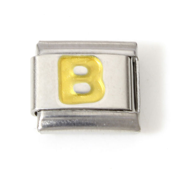 Immagine di 1 Pz 304 Acciaio Inossidabile Bracciale con Charm Italiano a Maglie, Creazione di Gioielli Fai-da-te Tono Argento Oro Rettangolo Lettera Maiuscola Messaggio " B " Smalto 10mm x 9mm
