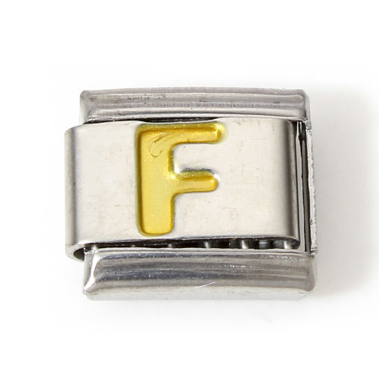 Immagine di 1 Pz 304 Acciaio Inossidabile Bracciale con Charm Italiano a Maglie, Creazione di Gioielli Fai-da-te Tono Argento Oro Rettangolo Lettera Maiuscola Messaggio " F " Smalto 10mm x 9mm
