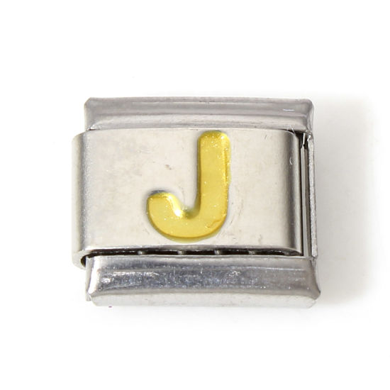Immagine di 1 Pz 304 Acciaio Inossidabile Bracciale con Charm Italiano a Maglie, Creazione di Gioielli Fai-da-te Tono Argento Oro Rettangolo Lettera Maiuscola Messaggio " J " Smalto 10mm x 9mm