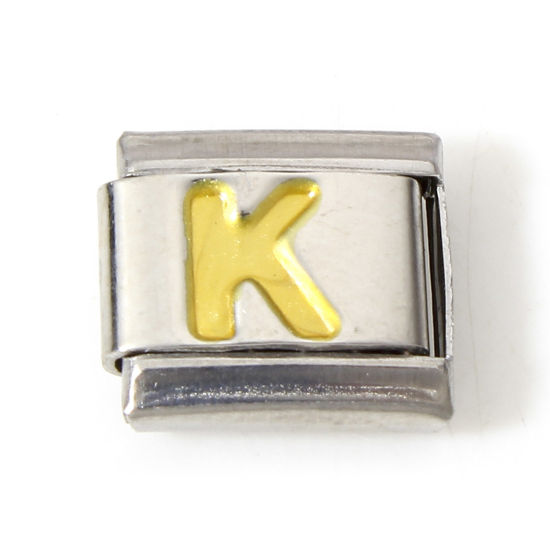 Immagine di 1 Pz 304 Acciaio Inossidabile Bracciale con Charm Italiano a Maglie, Creazione di Gioielli Fai-da-te Tono Argento Oro Rettangolo Lettera Maiuscola Messaggio " K " Smalto 10mm x 9mm