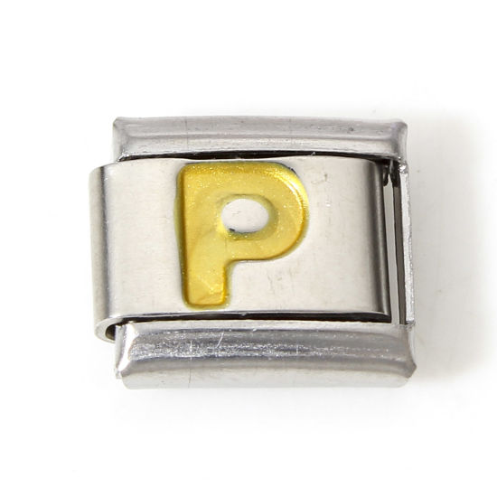 Immagine di 1 Pz 304 Acciaio Inossidabile Bracciale con Charm Italiano a Maglie, Creazione di Gioielli Fai-da-te Tono Argento Oro Rettangolo Lettera Maiuscola Messaggio " P " Smalto 10mm x 9mm