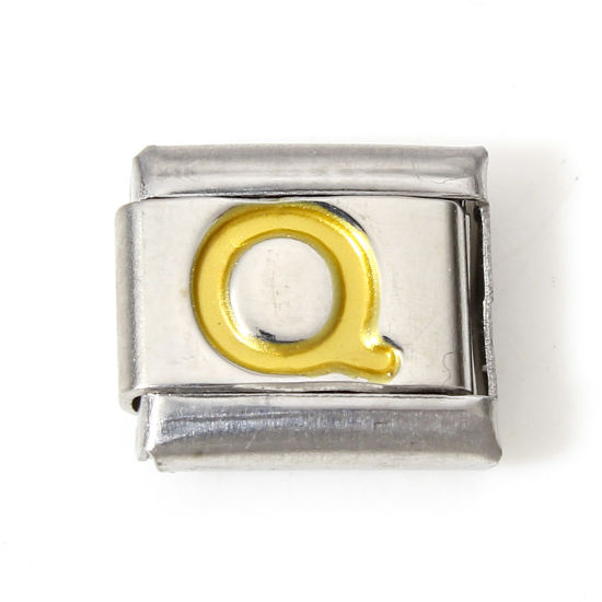 Immagine di 1 Pz 304 Acciaio Inossidabile Bracciale con Charm Italiano a Maglie, Creazione di Gioielli Fai-da-te Tono Argento Oro Rettangolo Lettera Maiuscola Messaggio " Q " Smalto 10mm x 9mm