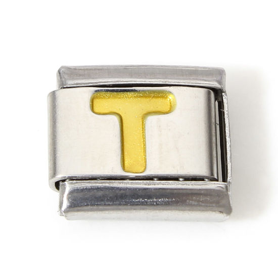 Immagine di 1 Pz 304 Acciaio Inossidabile Bracciale con Charm Italiano a Maglie, Creazione di Gioielli Fai-da-te Tono Argento Oro Rettangolo Lettera Maiuscola Messaggio " T " Smalto 10mm x 9mm
