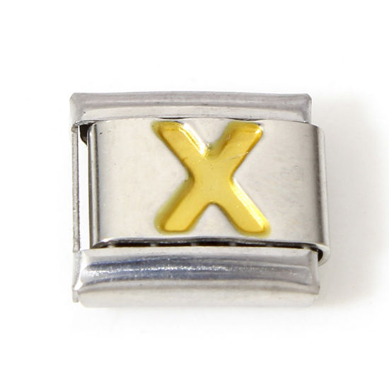 Immagine di 1 Pz 304 Acciaio Inossidabile Bracciale con Charm Italiano a Maglie, Creazione di Gioielli Fai-da-te Tono Argento Oro Rettangolo Lettera Maiuscola Messaggio " X " Smalto 10mm x 9mm