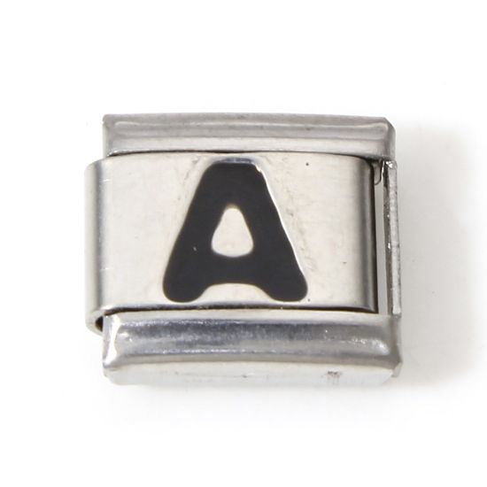 Picture of 1 Piece 304 Stainless Steel Italian Charm Links For DIY Bracelet Jewelry Making Silver Tone Black Rectangle Initial Alphabet/ Capital Letter Message " A " Enamel 10mm x 9mm