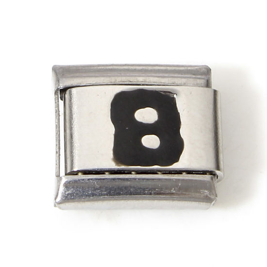 Picture of 1 Piece 304 Stainless Steel Italian Charm Links For DIY Bracelet Jewelry Making Silver Tone Black Rectangle Initial Alphabet/ Capital Letter Message " B " Enamel 10mm x 9mm