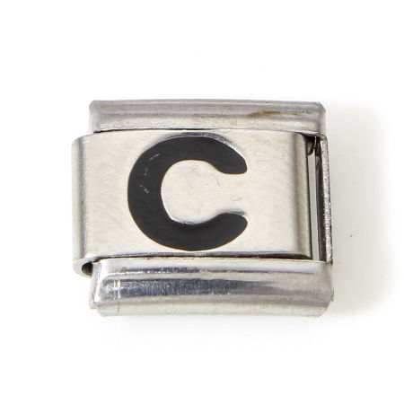 Image de 1 Pièce Bracelet à Maillons Breloques Italiens Accessories de Fabrication de Bracelets Bijoux DIY en 304 Acier Inoxydable Argent Mat Noir Rectangle Alphabet Initial/ Lettre Majuscule Mots " C " Émail 10mm x 9mm