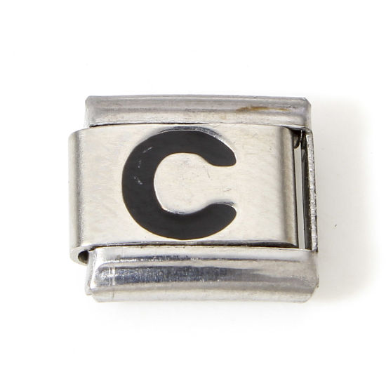 Picture of 1 Piece 304 Stainless Steel Italian Charm Links For DIY Bracelet Jewelry Making Silver Tone Black Rectangle Initial Alphabet/ Capital Letter Message " C " Enamel 10mm x 9mm